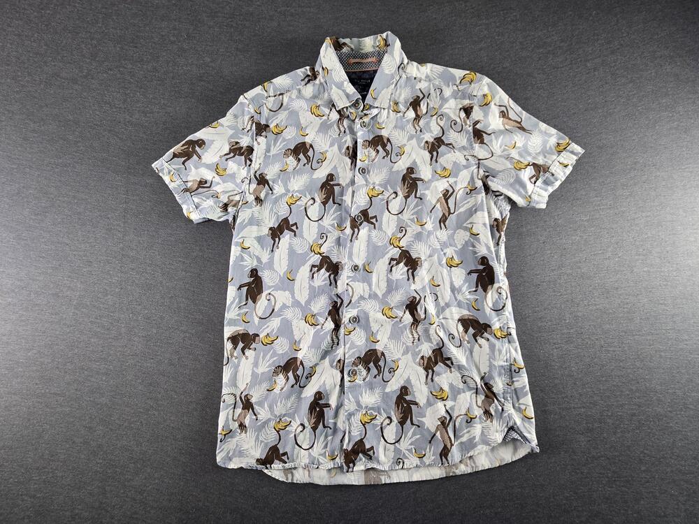 Ted Baker Shirt Mens Medium Multicolor Monkey Banana Short Sleeve Button Up